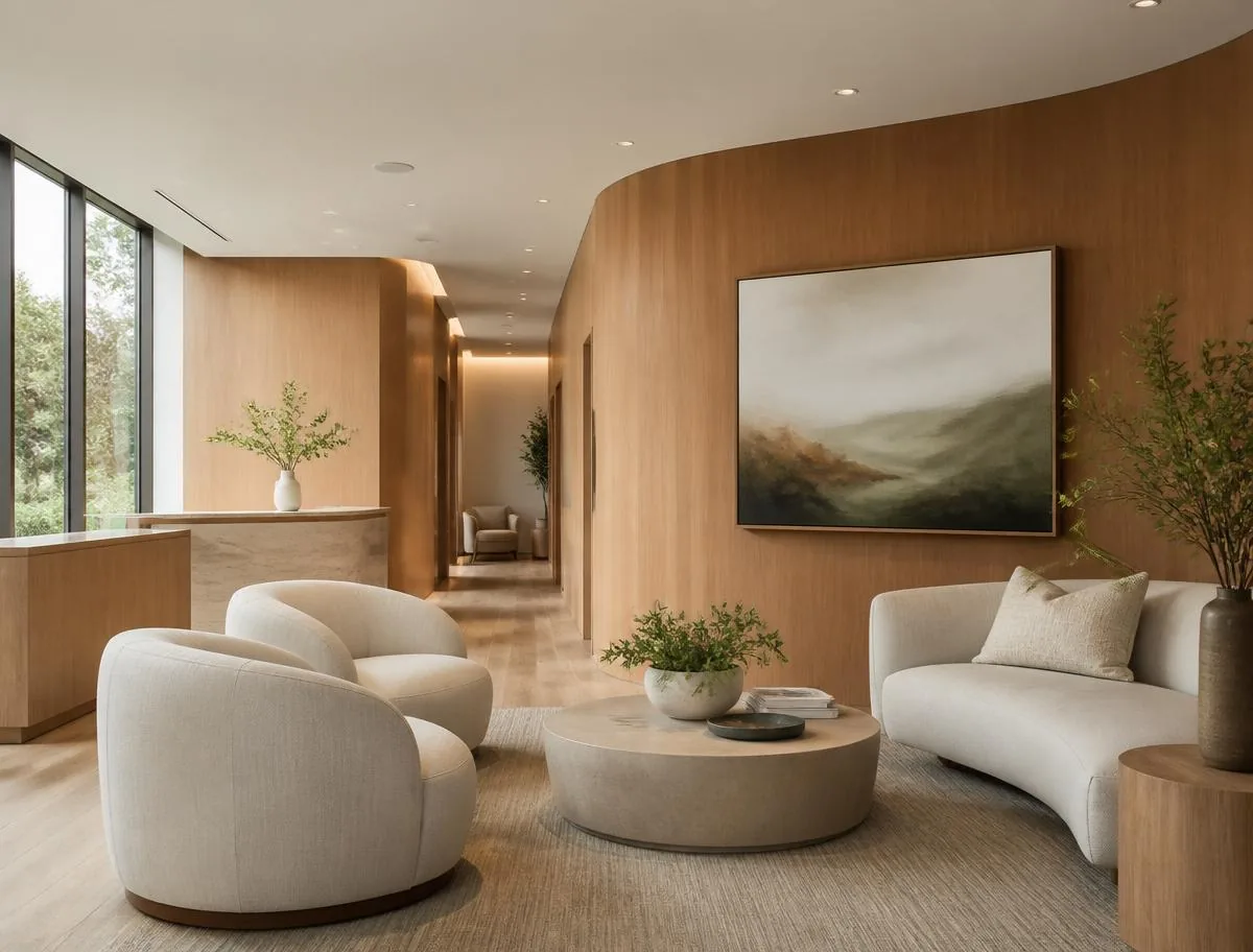 Reception lounge with oak paneling, linen seating and daylight