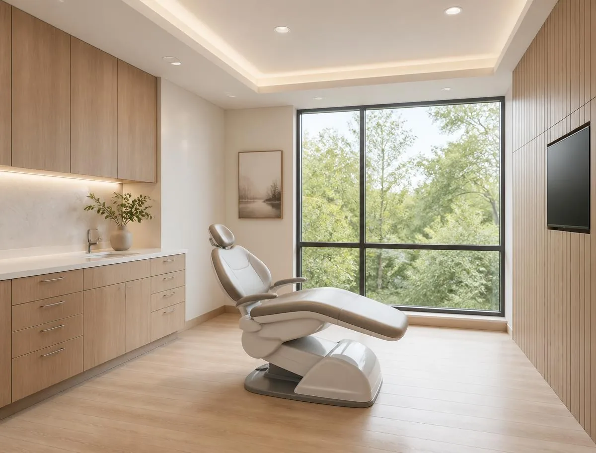 Wide view of a treatment room with warm wood cabinetry and a window onto the trees