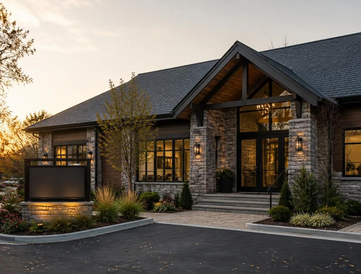 Exterior of the Pompton Plains office at golden hour