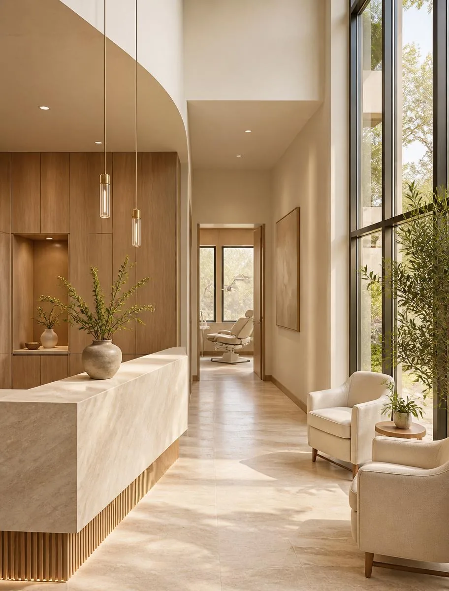 Reception area of the Pompton Plains office with oak millwork, stone counter and daylight