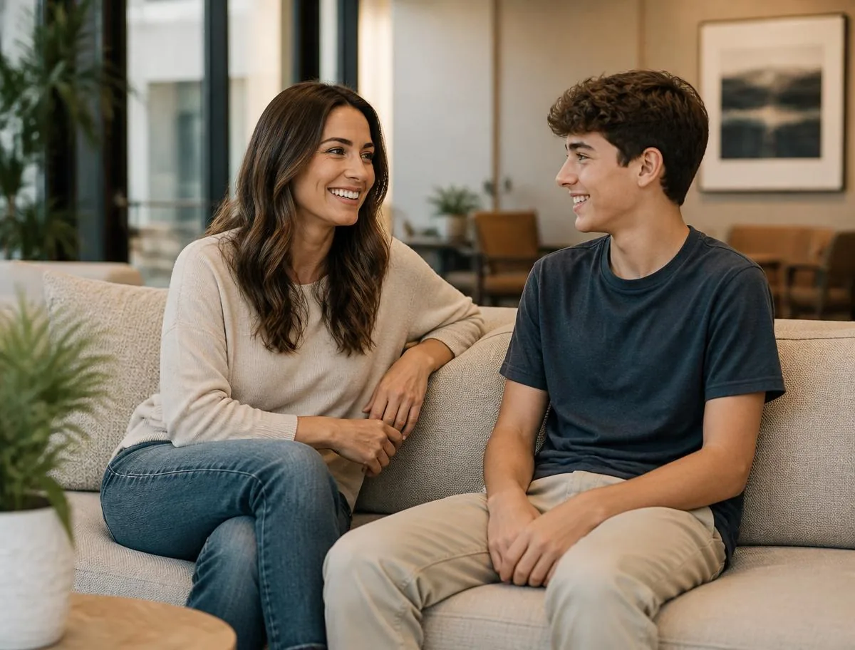 A parent and teenager talking in the practice waiting area